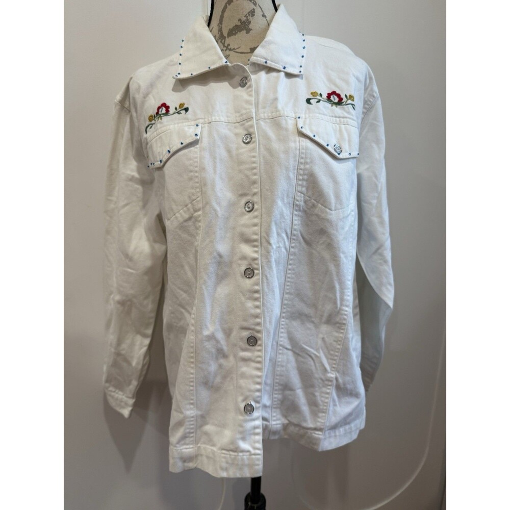 Michael Simon Embroidered Bird Floral Beaded Jacket Womens XL White Boho
